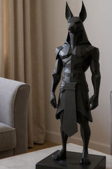 Close-up van een low-poly Anubis-beeld met geometrische facetten en hoekig design