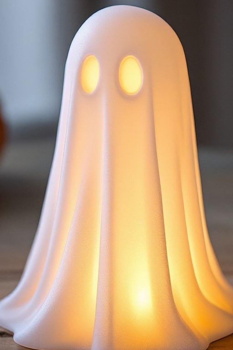 Witte halloween-spookdecoratie met led-theelichtje dat zacht oplicht