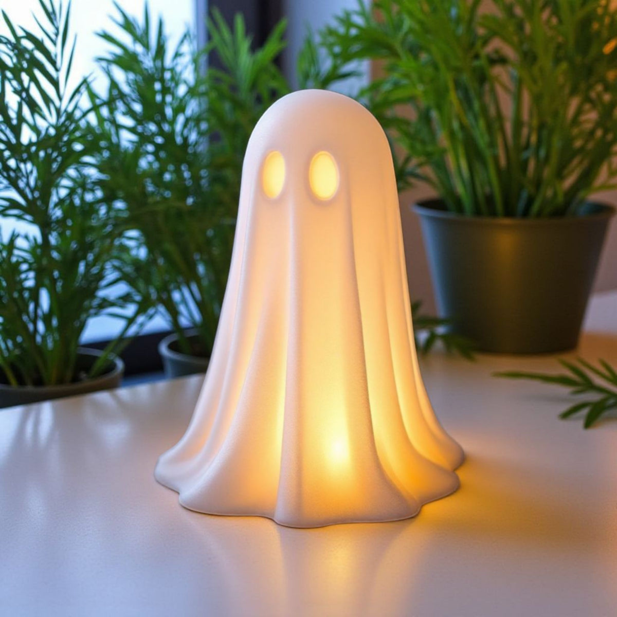 Klein halloweenspookje op een houten plank met herfststyling