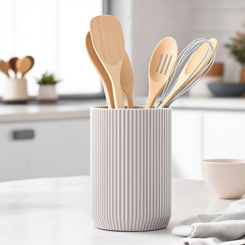 Geribbelde houder voor keukengerei op het aanrecht met houten lepels en spatels