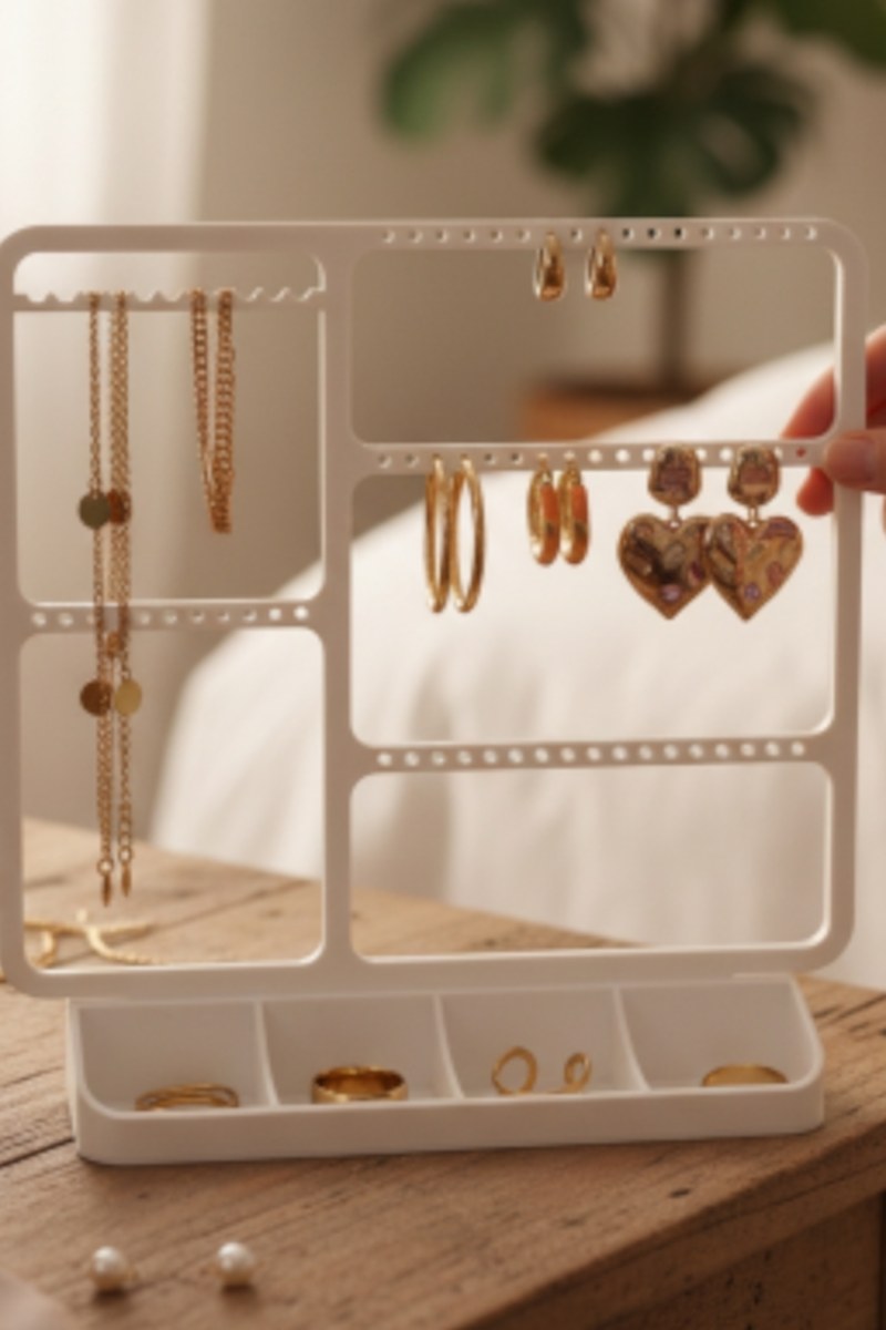 Minimalistische sieradenhouder met oorbellen, ringen en kettingen in strak wit design