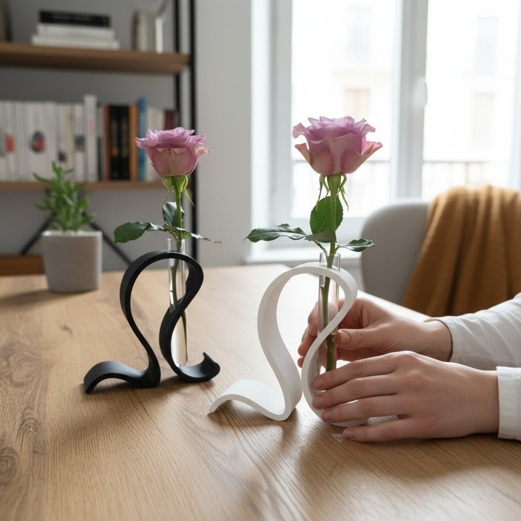 Minimalistische reageerbuisvaas met een enkele groene stengel in een Scandinavisch interieur