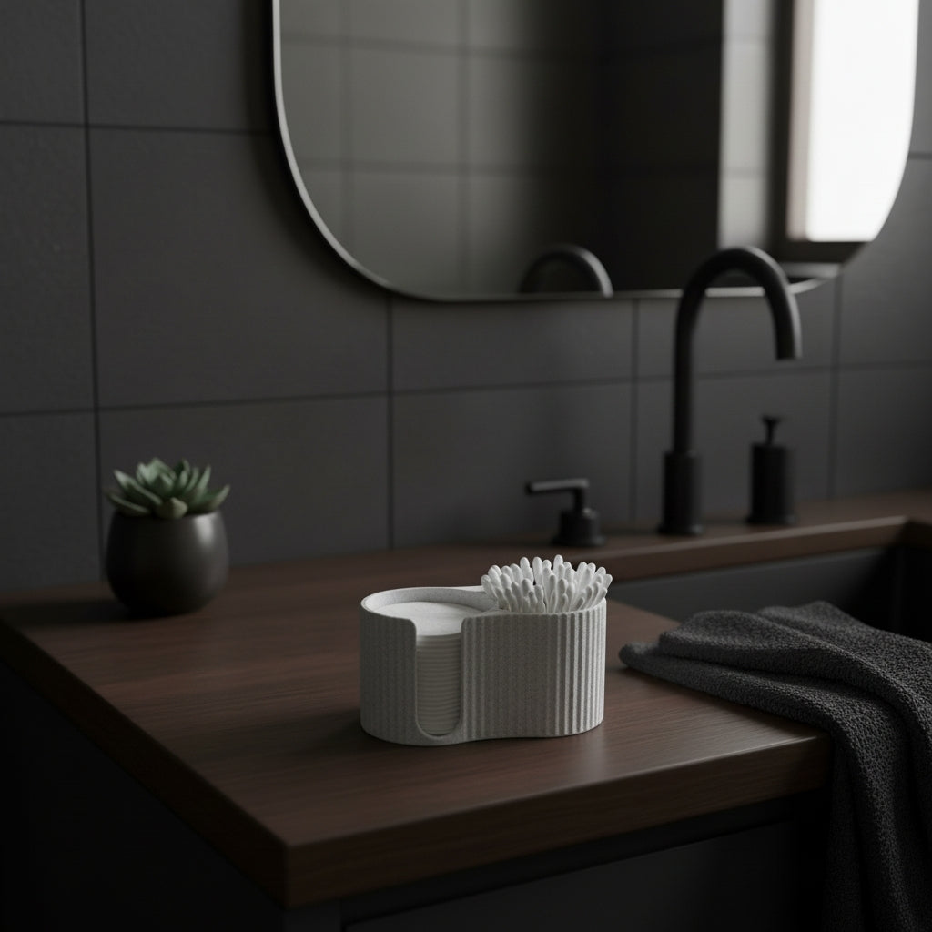 Dispenser voor wattenschijfjes op een badkamerplank met plant en keramiek
