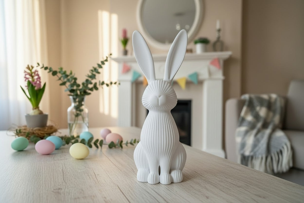 Moderne paashaasdecoratie op een neutrale plank met minimalistische styling
