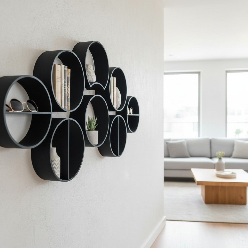 Drie modulaire ronde plankjes verticaal aan een witte muur met kleine voorwerpen