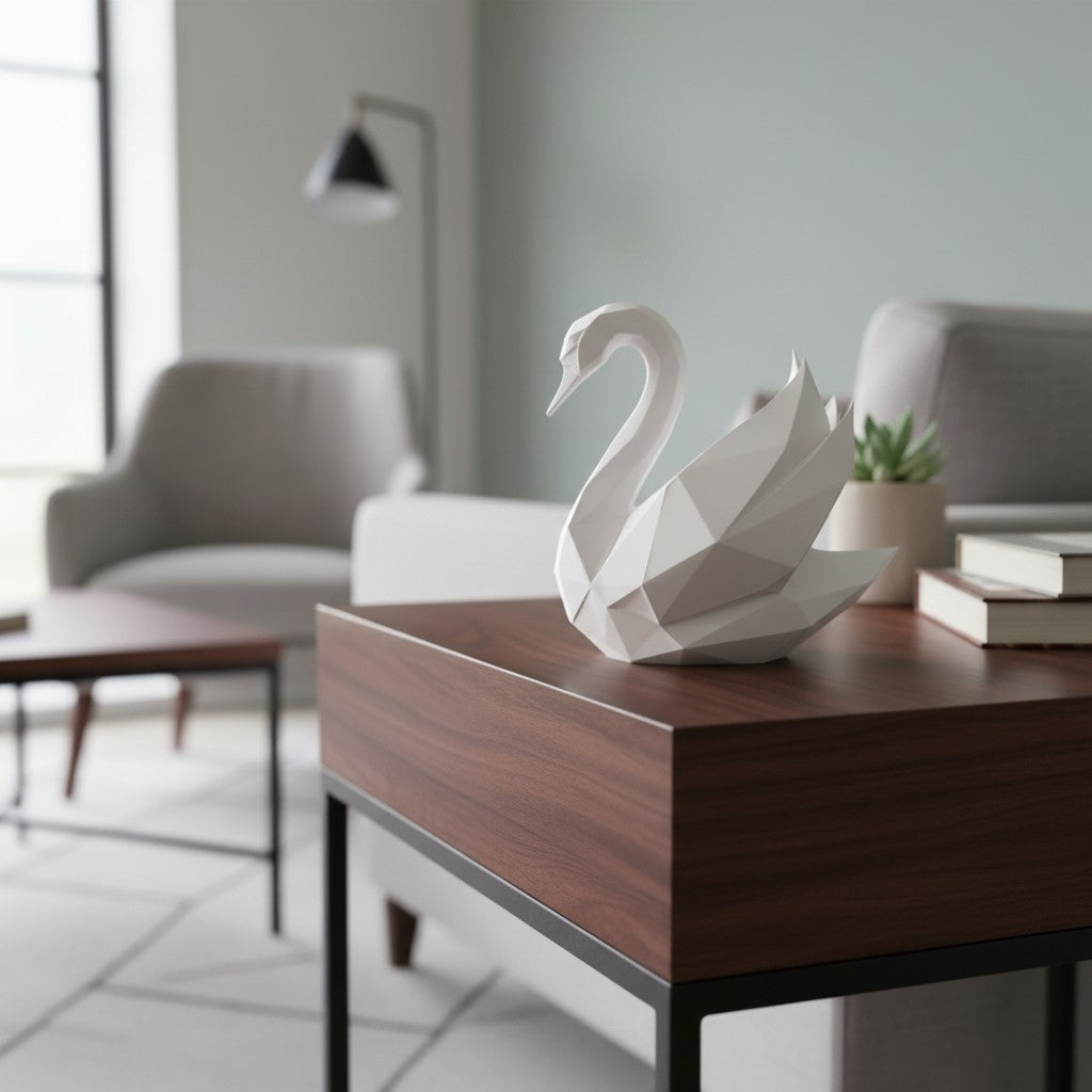 Low poly zwanensculptuur op een houten plank in een minimalistische ruimte