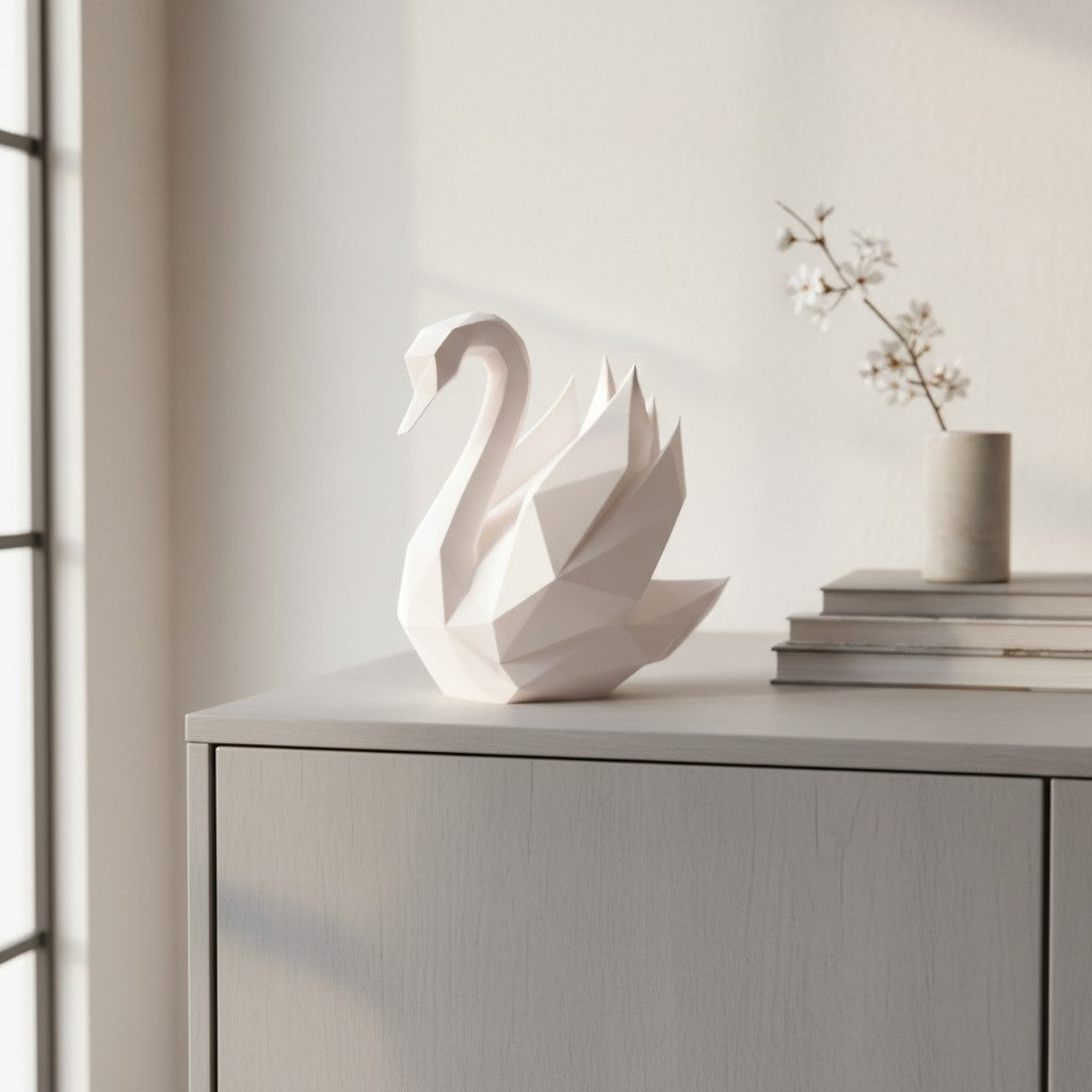 Wit low-poly zwanenbeeld met hoekige geometrische vorm, close-up