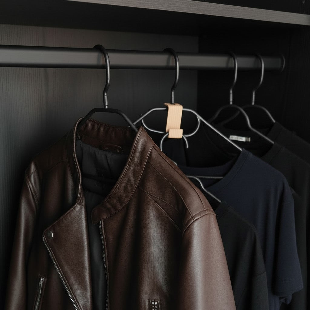 Slimme hangerhaak die twee houten kledinghangers verbindt
