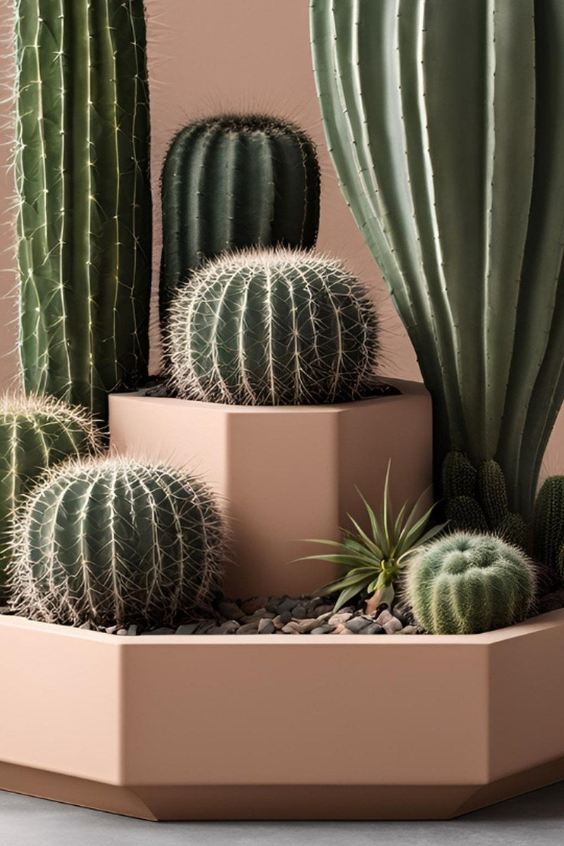Close-up van een achthoekige cactuspot met twee verdiepingen en geometrische hoeken