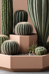 Close-up van een achthoekige cactuspot met twee verdiepingen en geometrische hoeken