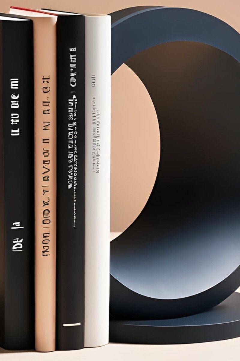 Witte ronde boekensteun met een stapel boeken op een houten plank