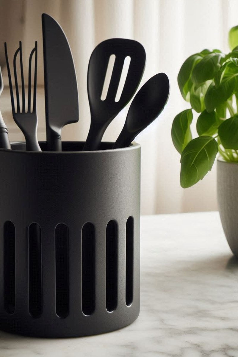 Minimalistische houder met een houten lepel en ander keukengerei