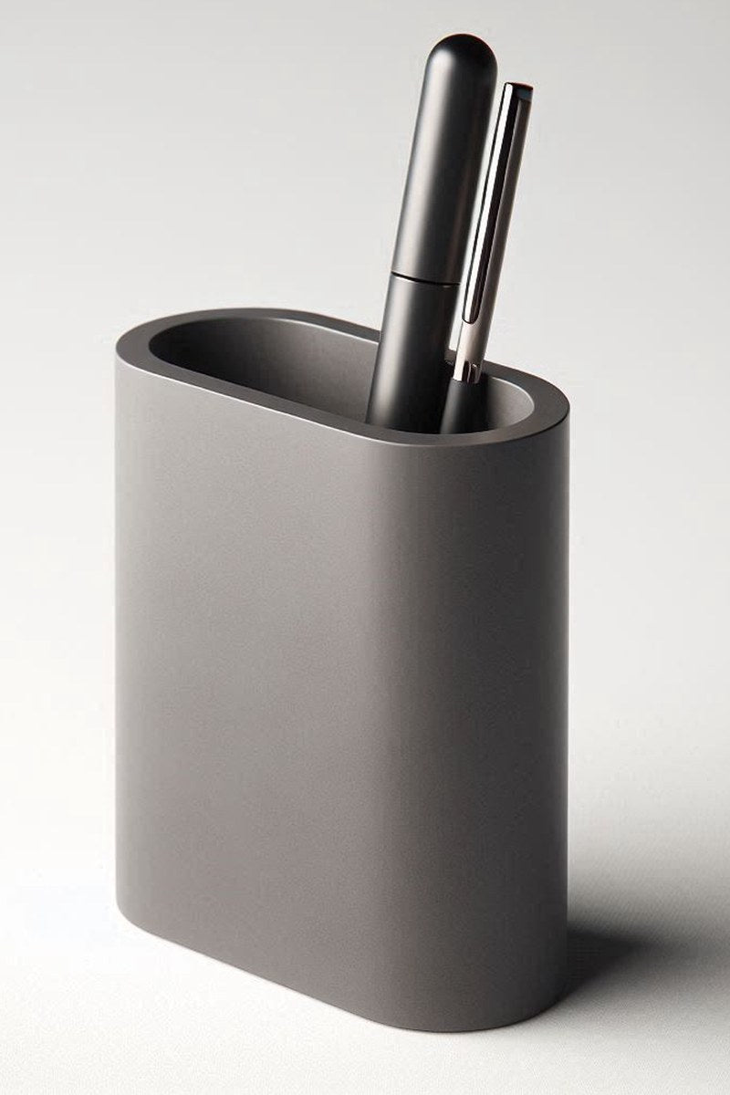 Close-up van een minimalistische pennenhouder met verticale ribbels