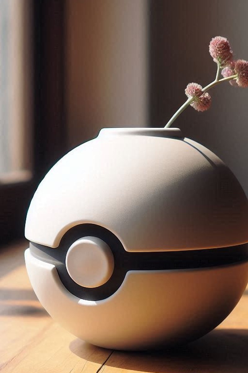 Rood-witte Pokéball-vaas in close-up met het ronde geometrische design