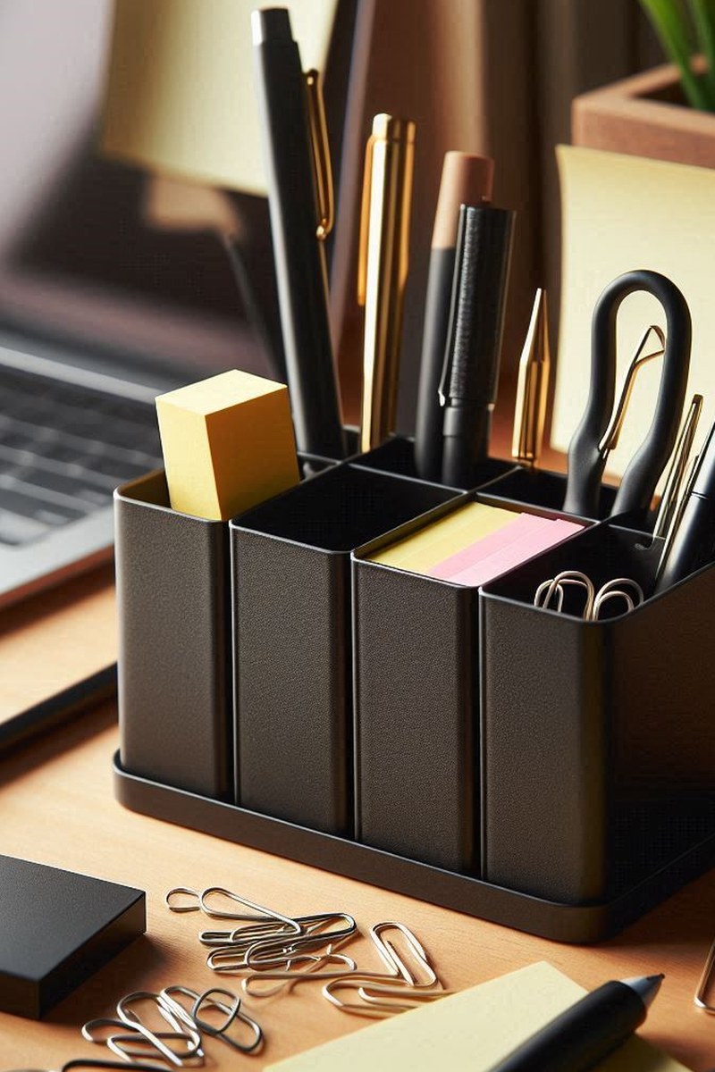Close-up van een modulaire bureau-organizer met vakken voor balpennen en potloden
