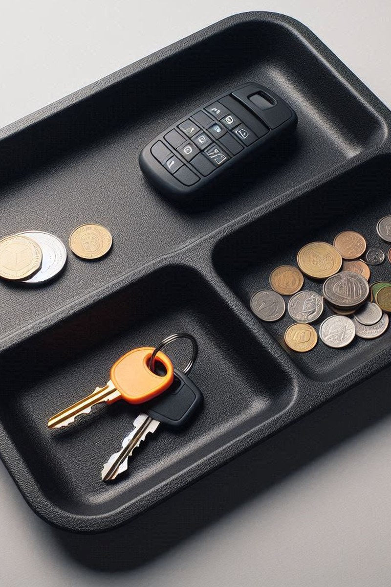 Modern bakje voor sleutels en munten met hoekige vakken, close-up