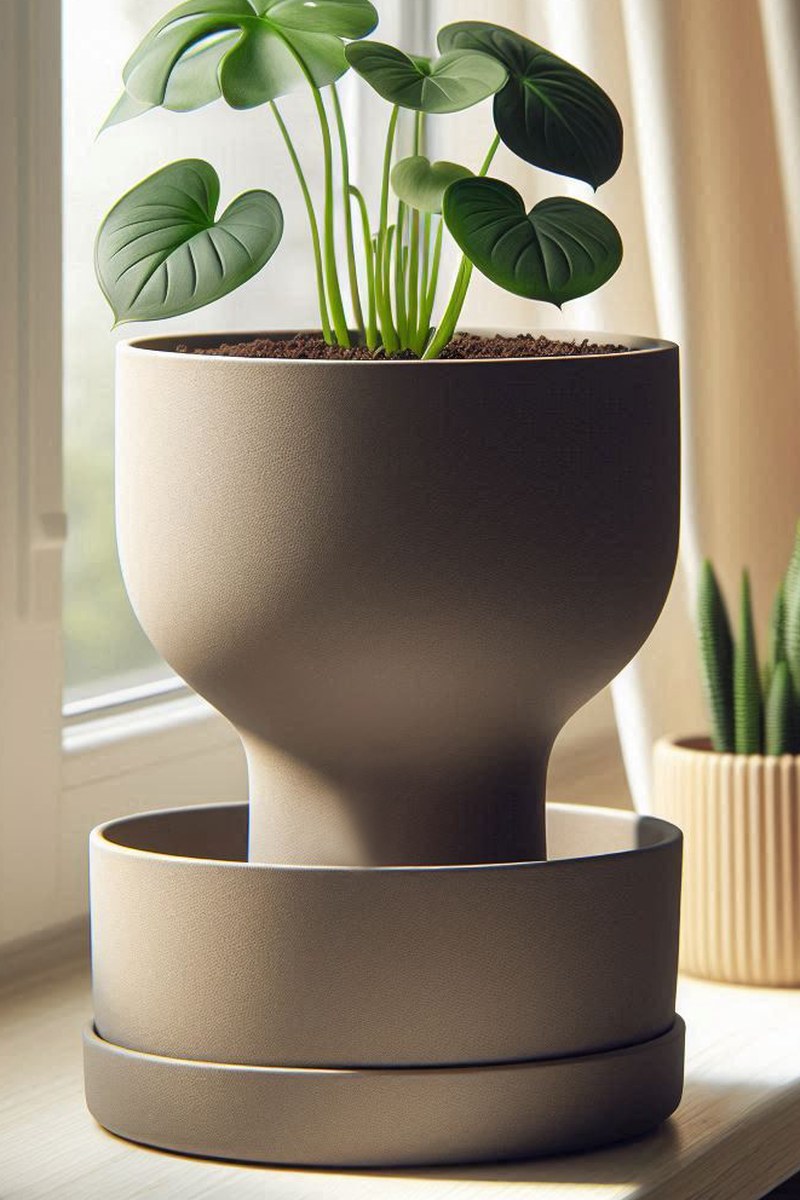 Zelfwaterende bloempot met graalontwerp, close-up van het elegante silhouet