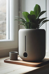 Minimalistische ronde zelfwaterende pot met ingebouwd waterreservoir, close-up