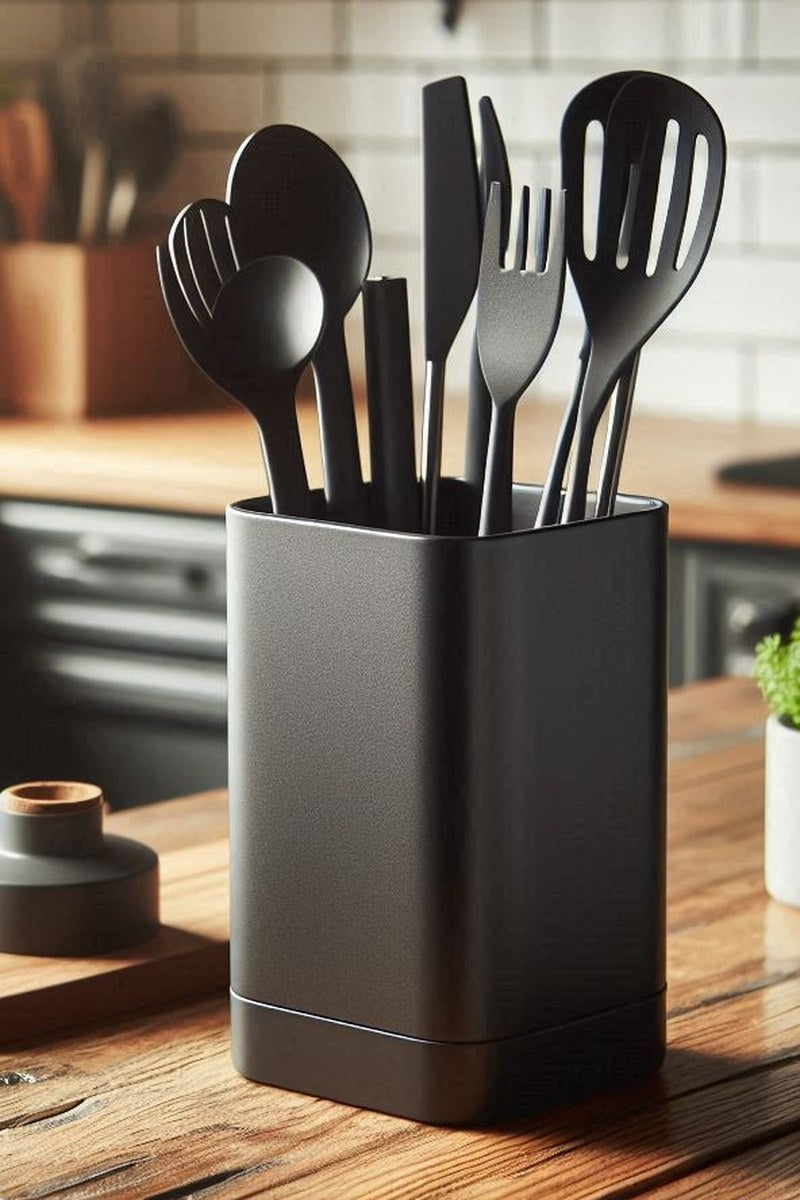 Vierkante houder voor keukengerei met houten pollepels, close-up