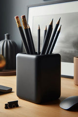 Close-up van een afgeronde minimalistische pennenhouder met zachte randen