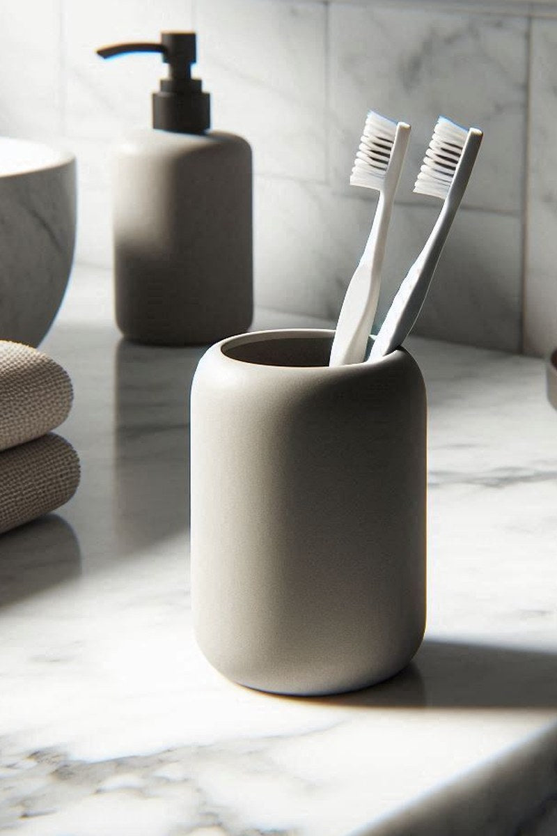 Witte afgeronde tandenborstelhouder met tandenborstel en tube tandpasta
