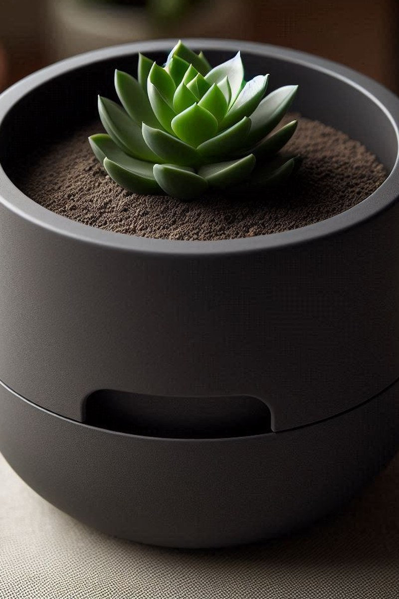 Minimalistische zelfwaterende vetplantenpot met geometrische vorm, close-up