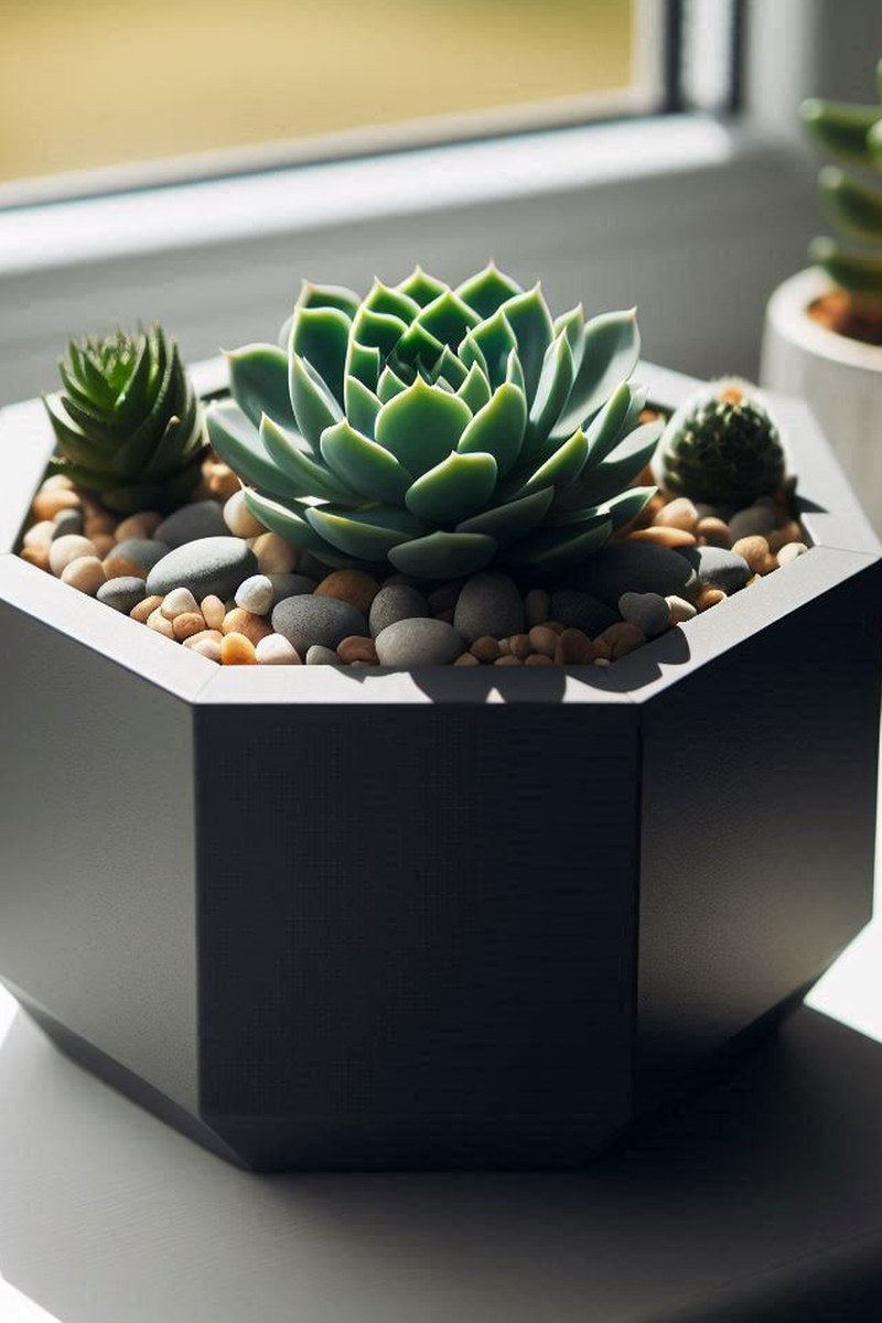 Close-up van een achthoekige vetplantenpot met geometrische vorm en glad oppervlak