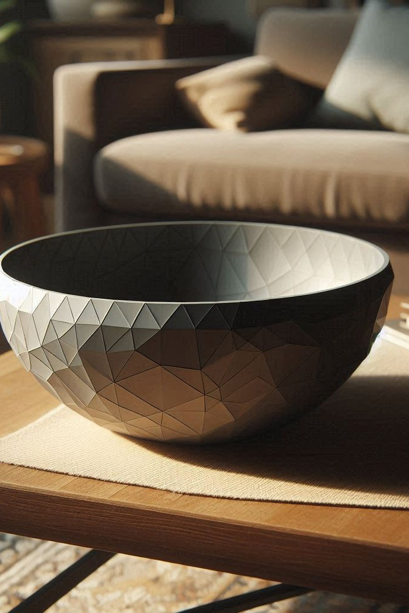 Close-up van een low-poly schaal met geometrische facetten die het licht vangen