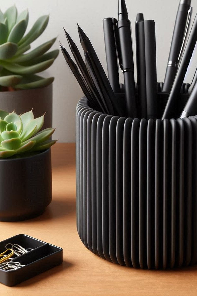Close-up van een geribbelde pennenhouder met platte verticale ribbels en minimalistisch design