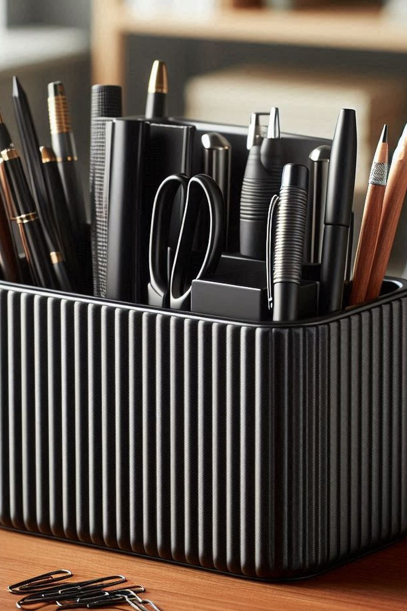Close-up van een geribbelde bureau-organizer met verticale textuur en strakke lijnen
