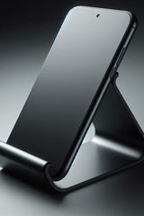Close-up van een witte gebogen telefoonhouder met zacht boogvormig design