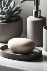 Witte set met zeepbakje en tandenborstelhouder van voren gezien in glad, minimalistisch ontwerp