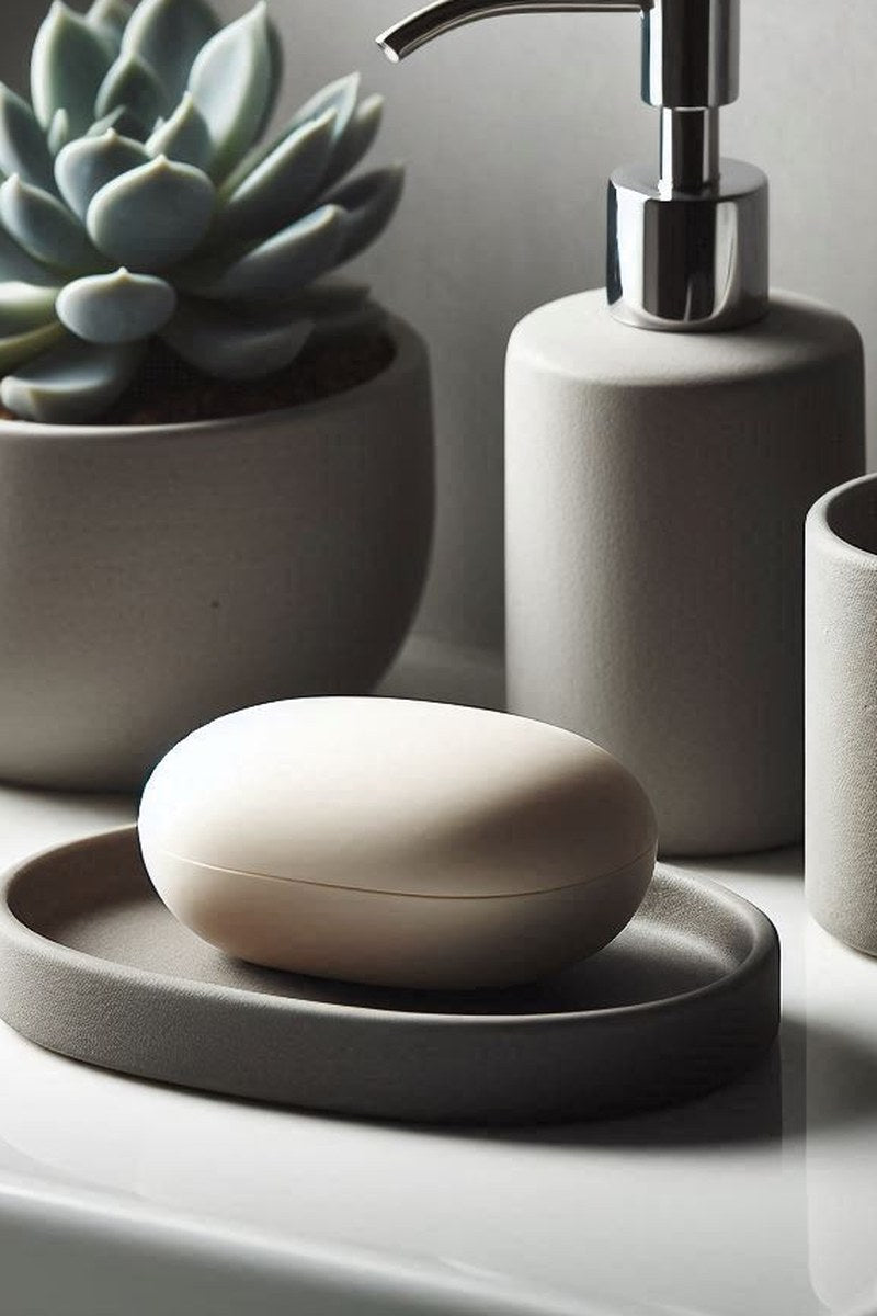 Witte set met zeepbakje en tandenborstelhouder van voren gezien in glad, minimalistisch ontwerp