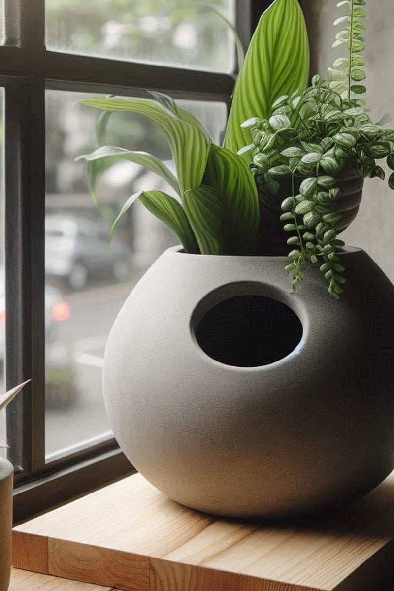 Minimalistische zelfwaterende pot met afgeronde vorm en zichtbare vulopening bovenop