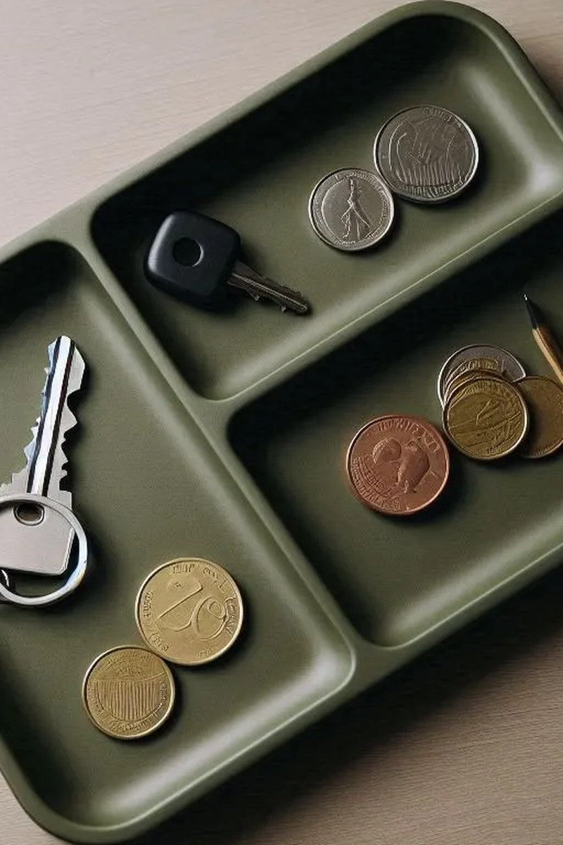 Close-up van het Army Boy II-bakje voor sleutels en munten met hoekige vormen