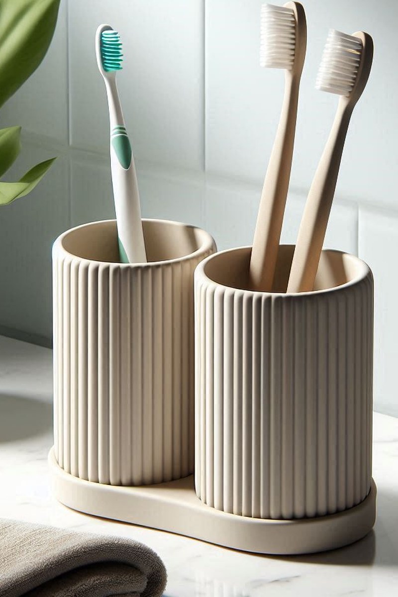 Close-up van een geribbelde tandenborstelhouderset met matte afwerking