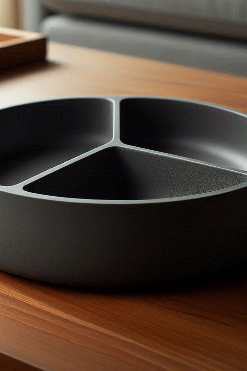 Minimalistische snackschaal met drie vakken, close-up van het strakke witte oppervlak