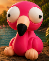 Close-up van een flamingofiguurtje uit de Goofy-serie met grote beweegbare googly eyes