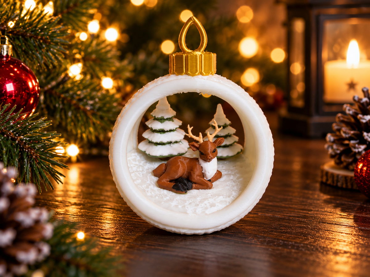 Kerstbal met beertje en kerstboom