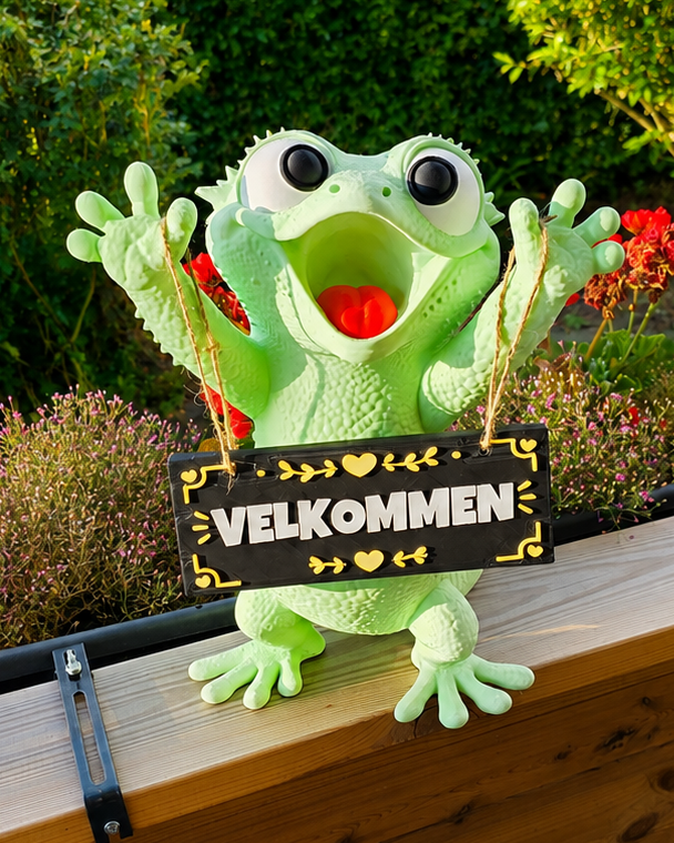 Gepersonaliseerde welkomstgekko met bordje in de tuin