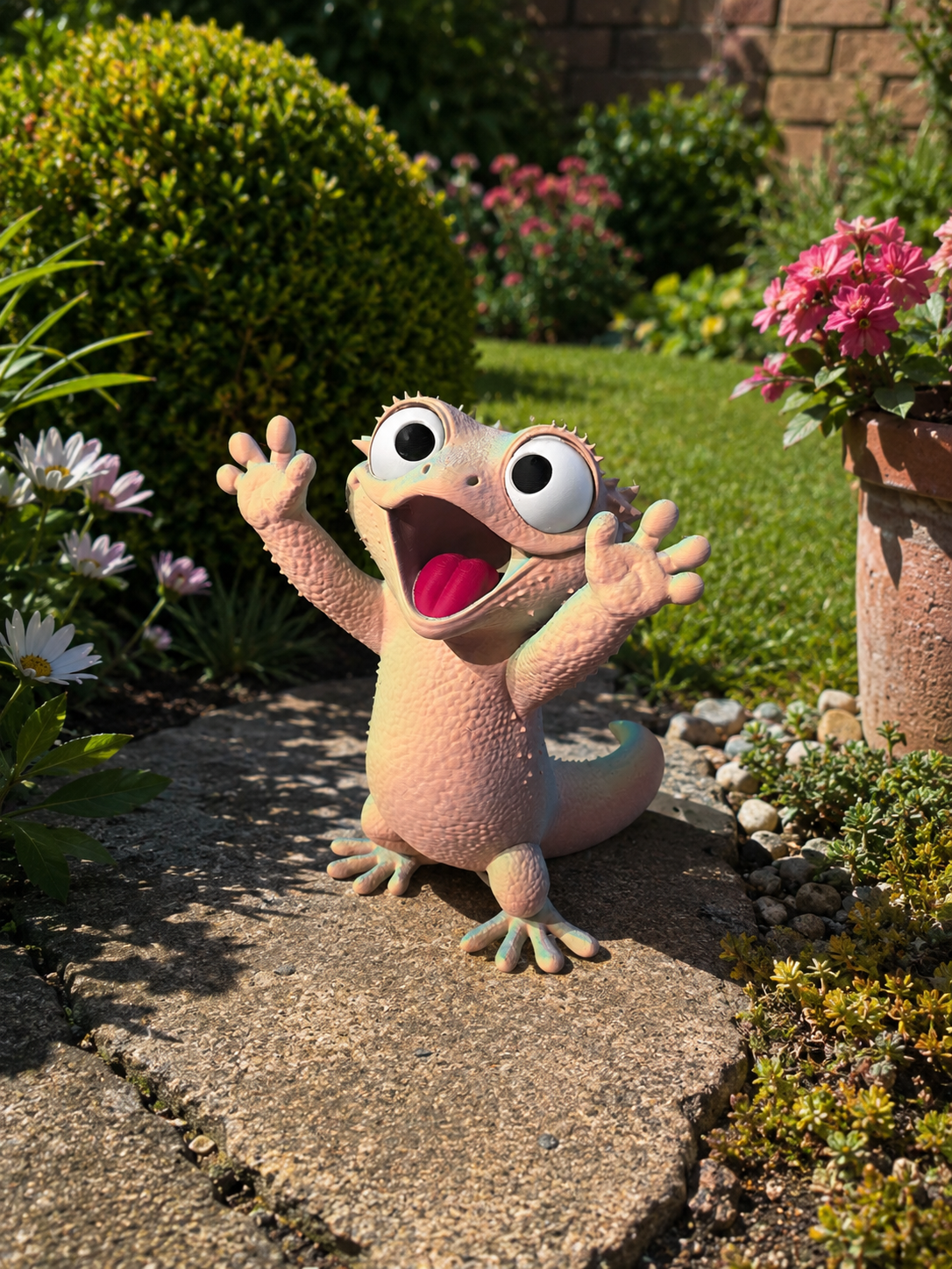 Gekko-tuinfiguur van voren gezien – tricolor in perzik en roze