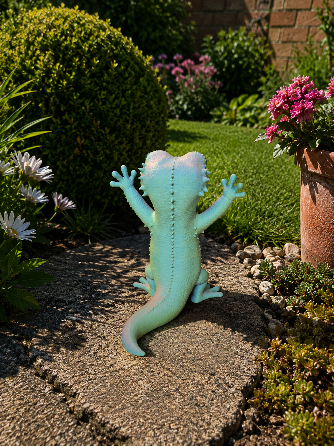 Gekko-tuinfiguur van achteren gezien – tricolor verloopt naar mint en turquoise