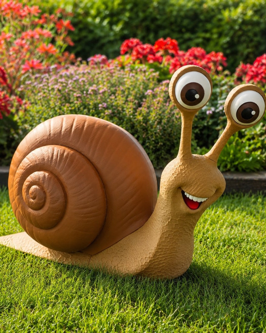 Reusachtig tuinslakfiguur met grote stripogen op het gazon