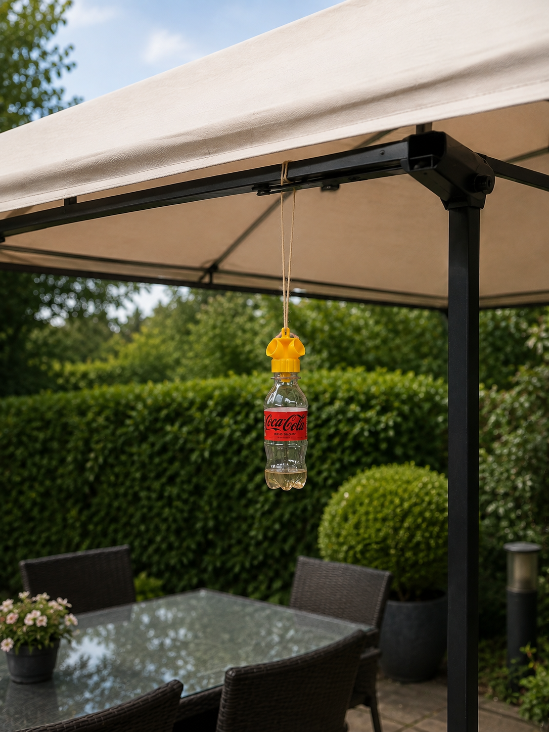 Wespenval op frisdrankfles geschroefd, hangend in de tuin