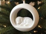 Ronde kerstbal met slapende puppy