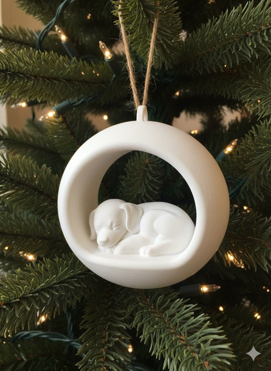 Ronde kerstbal met slapende puppy