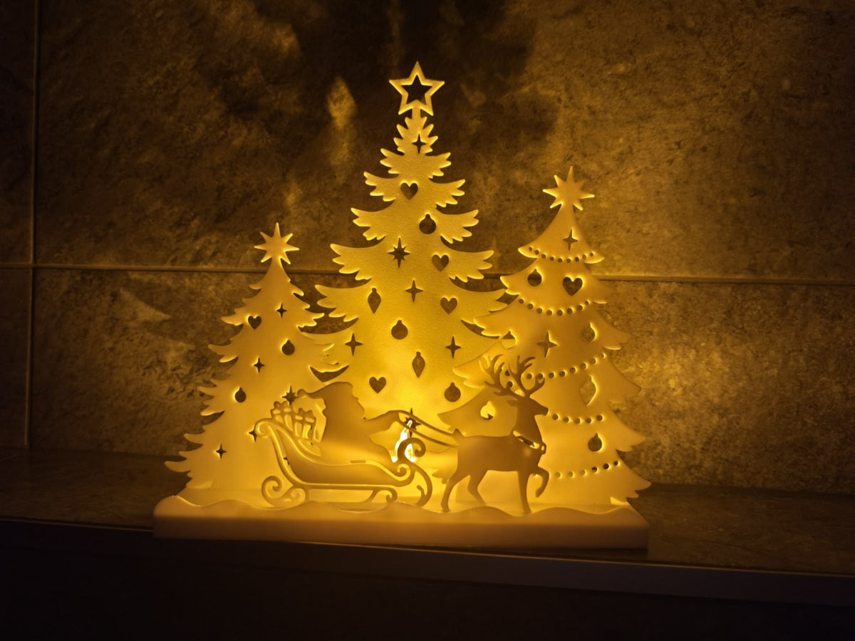 Kersthuisje voor theelichtje – kerstman in arreslee en bos