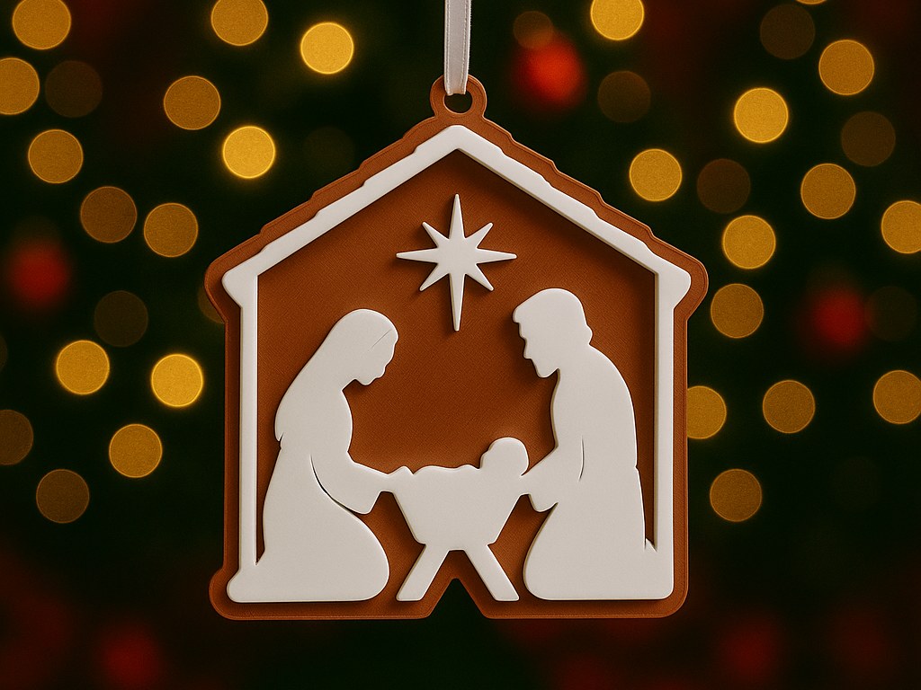 Kerstboomversiering met kerststal: Maria, Jozef en het kindje Jezus
