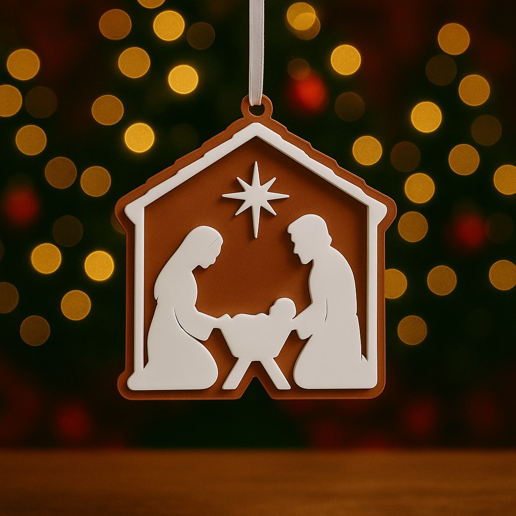 Kerstboomversiering met kerststal: Maria, Jozef en het kindje Jezus