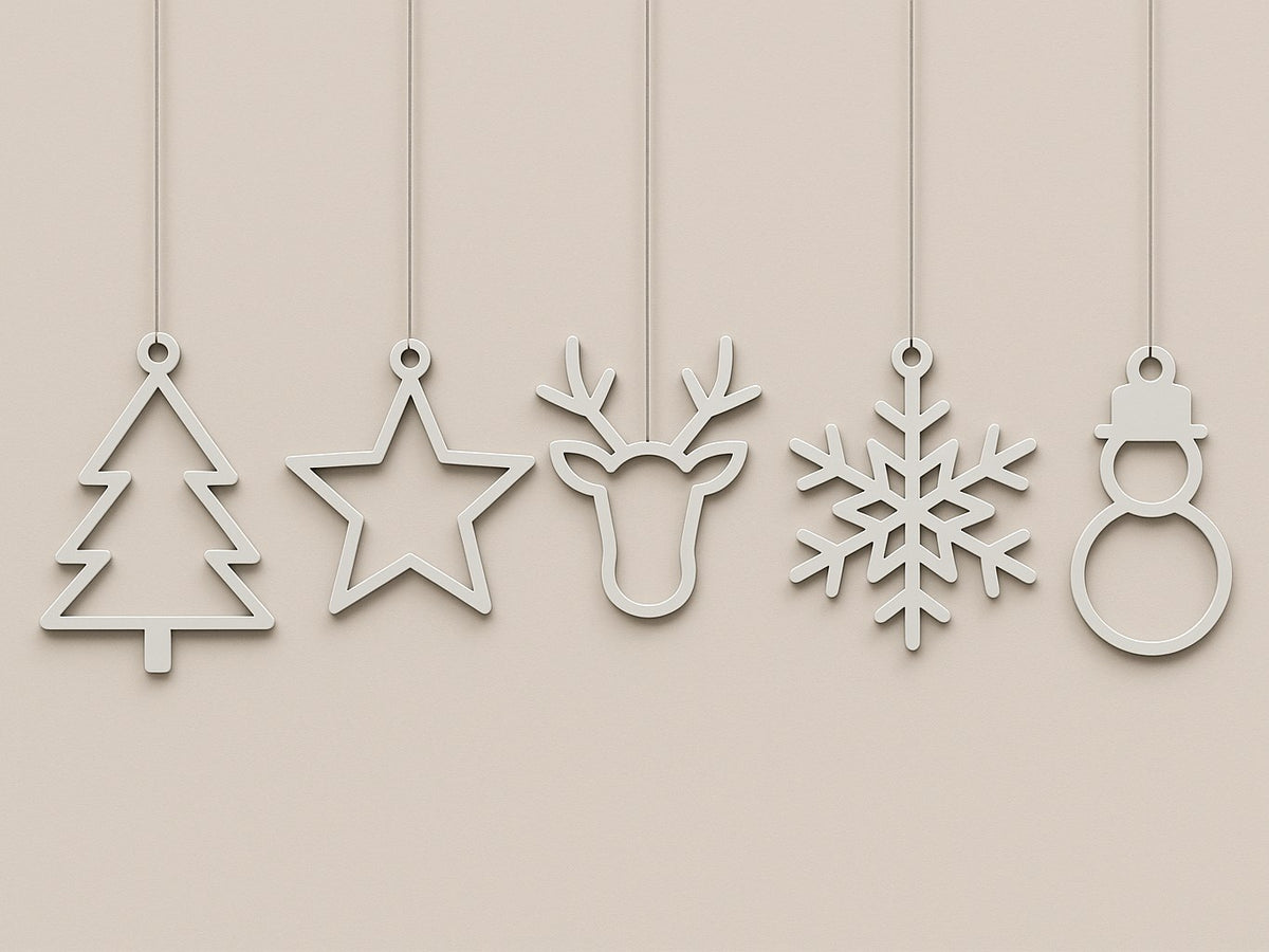 Set van 5 platte kersthangers: kerstboom, ster, rendier, sneeuwvlok en sneeuwpop